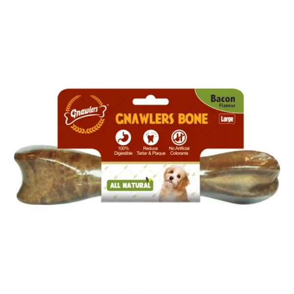 Gnawlers large bacon-flavor dog bone, all-natural ingredients.