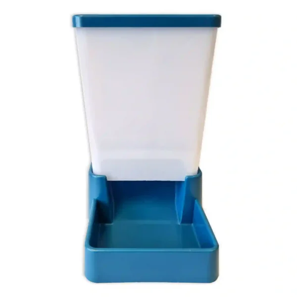 Blue and white pet food dispenser.