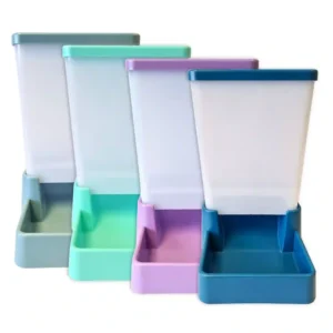 Colorful plastic pet feeders in various sizes