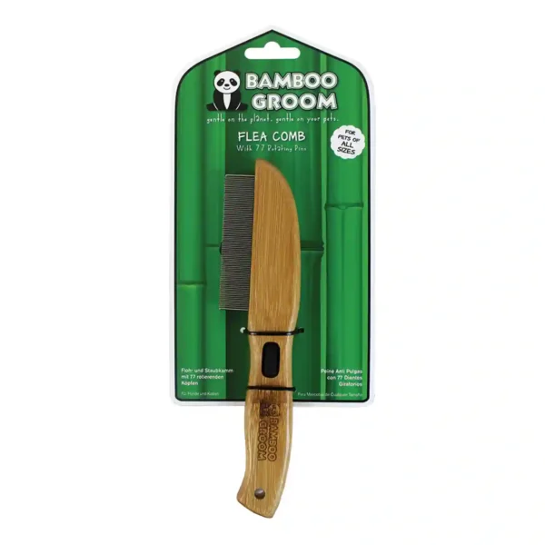 Bamboo flea comb for pets with wooden handle.