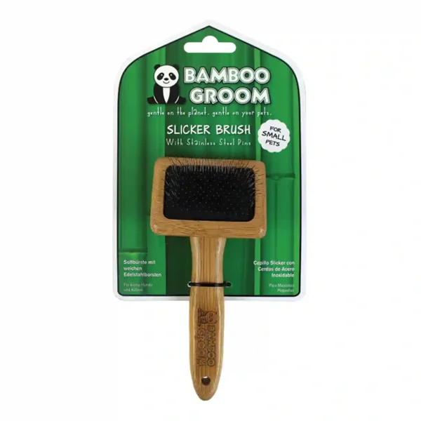 Bamboo pet brush with stainless steel pins.
