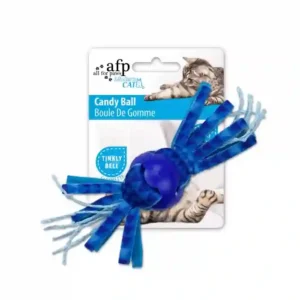 Blue cat toy with ribbons and bell.