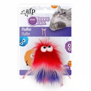 Furry red and purple cat toy with eyes.