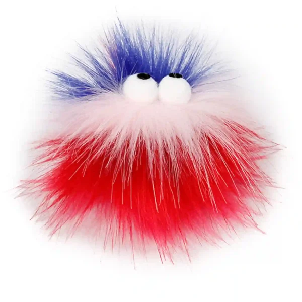 Furry toy ball with eyes, red and blue