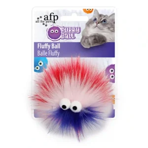 Colorful furry cat toy with eyes on package.