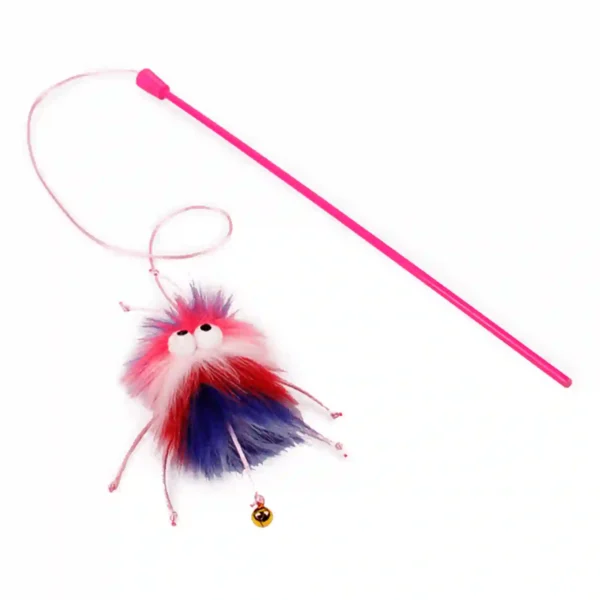Pink cat toy wand with feathery ball attachment.