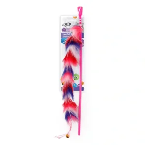 Colorful cat toy wand with feathers and bell.