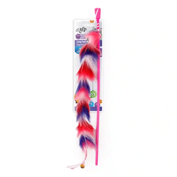 Colorful cat toy wand with feathers and bell.
