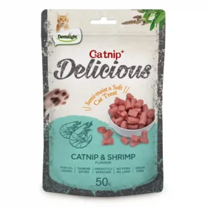 Catnip shrimp cat treat package, semi-moist snacks.