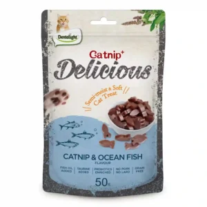 Catnip and fish flavored cat treats package.