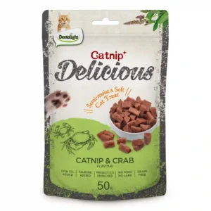 Catnip and crab flavored cat treats package.