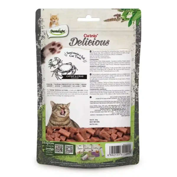 Catnip and crab flavored cat treats package