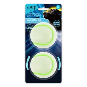 Two glowing dog chew balls on packaging.