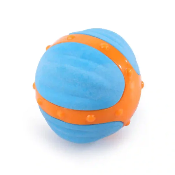 Blue and orange bouncy ball with textured surface.