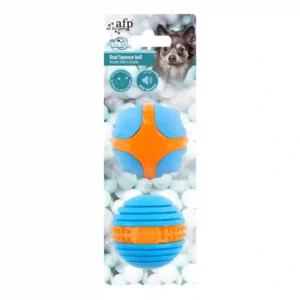 Dual squeeze balls for dog play and exercise.
