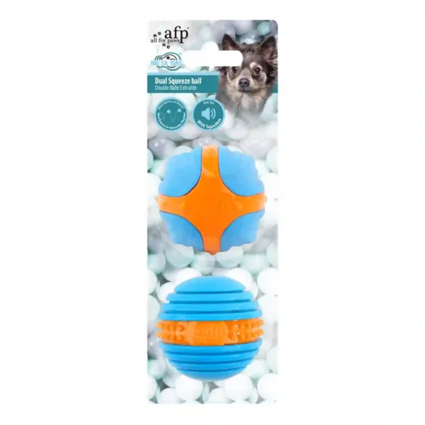 Dual squeeze balls for dog play and exercise.