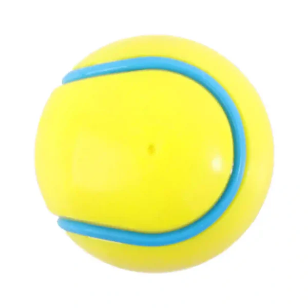 Yellow toy ball with blue ring, top view.