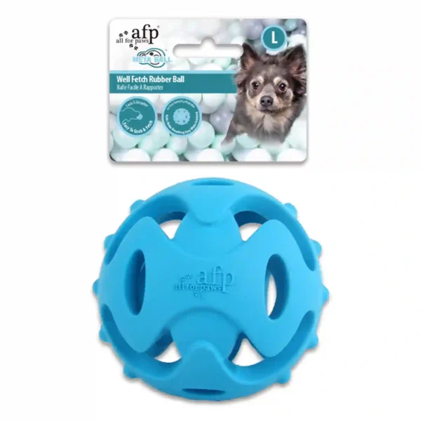 Blue rubber fetch ball for dogs.