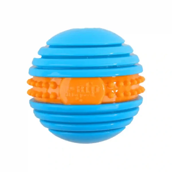 Blue and orange rubber dog toy ball