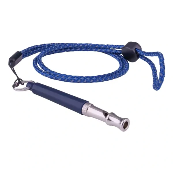 Dog whistle with a blue lanyard.