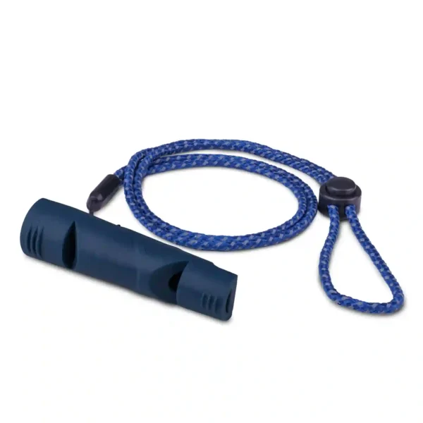 Blue emergency whistle with a lanyard