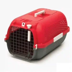 Red pet carrier with a handle and door