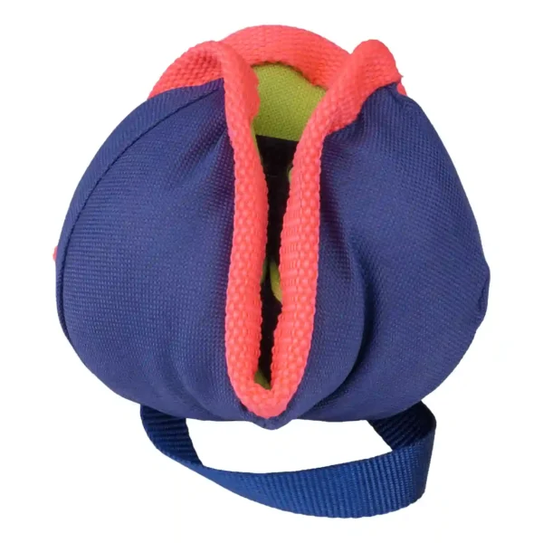 Colorful fabric hacky sack with handle.