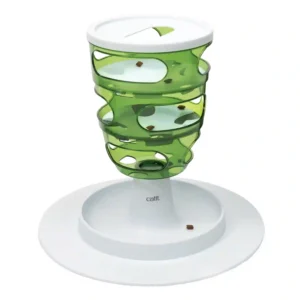 Interactive cat feeder with spiral design and food puzzle.