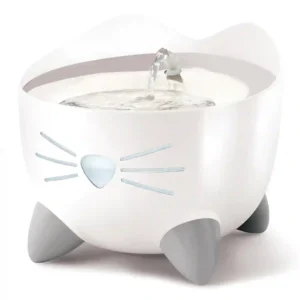 Cat-shaped pet water fountain with running water.