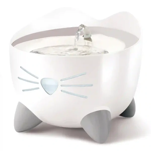 Cat-shaped pet water fountain with running water.