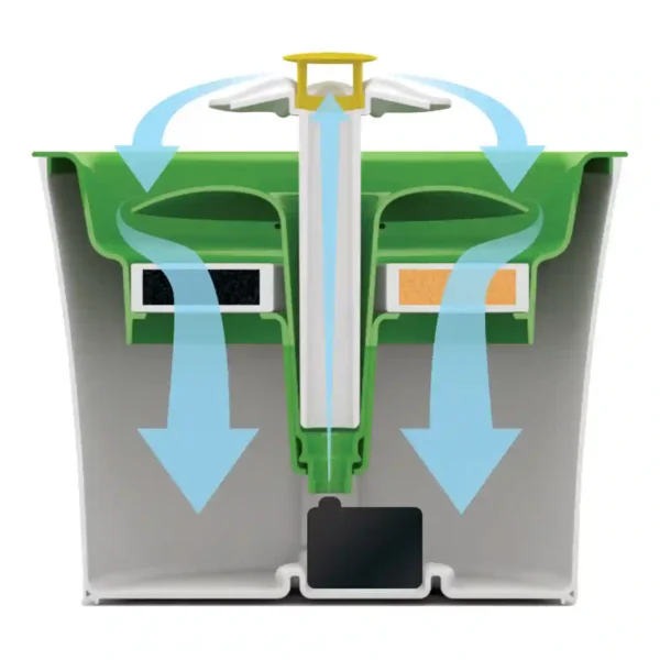 Cross-section of air filter system with arrows