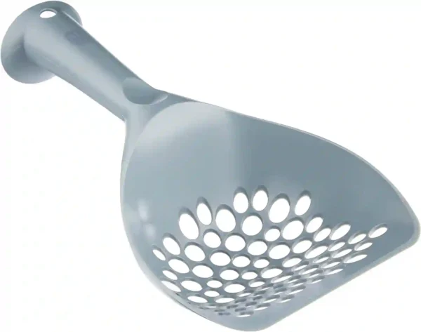 Gray plastic cat litter scoop with holes.