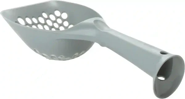 Gray plastic scoop with holes for kitchen use.