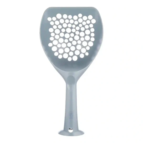 Gray plastic litter scoop with holes.