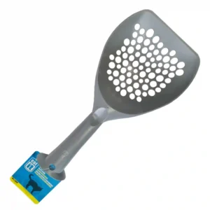Gray plastic cat litter scoop with holes