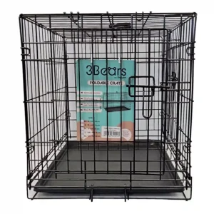 Black foldable pet crate with locking door.
