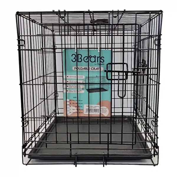 Black foldable pet crate with locking door.