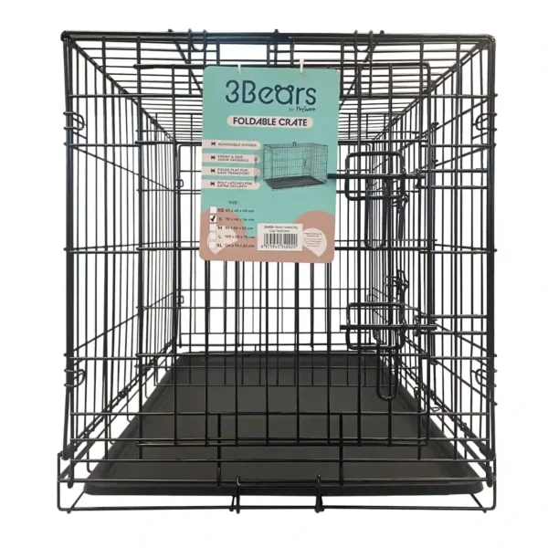 Foldable pet crate with label and tray.