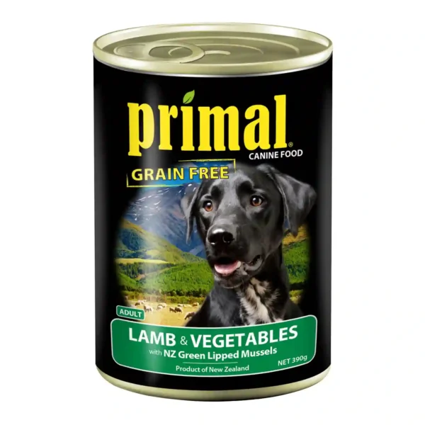 Primal grain-free dog food with lamb and vegetables.
