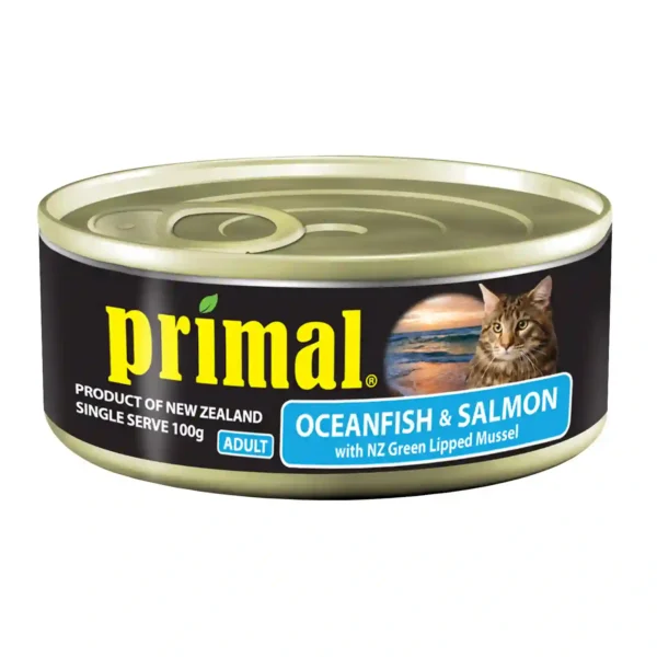 Primal cat food can, oceanfish and salmon flavor.