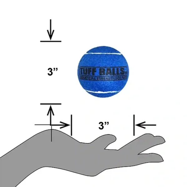 Blue ball above hand, labeled 3 inches.