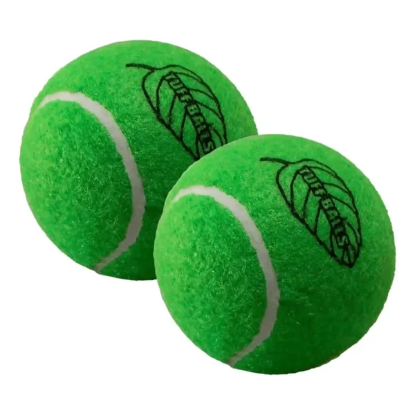 Two green tennis balls with leaf logo
