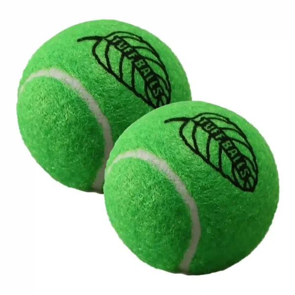 Two green tennis balls with leaf design.