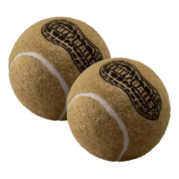 Two peanut-design tennis balls for dogs
