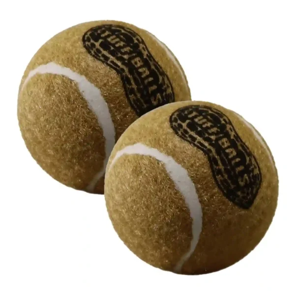 Two brown tennis balls with peanut design