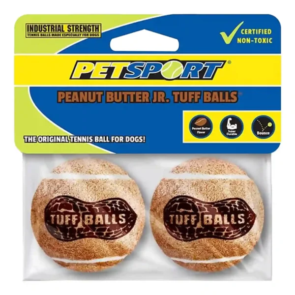 Peanut butter-flavored dog tennis balls, durable and bouncy.
