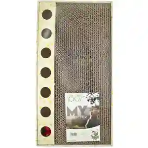Cardboard cat scratcher with multiple play holes.