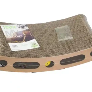 Cardboard cat scratcher with teaser toy attached.