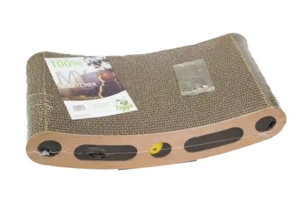 Cardboard cat scratcher with teaser toy attached.