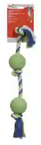 Dog toy with rope and tennis balls.